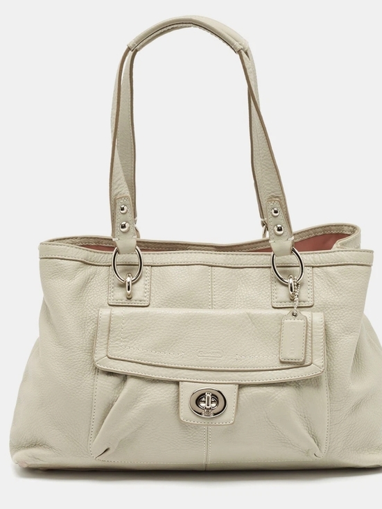 Coach Handbags - Coach Cream Leather Tote Handbag with Turn-Lock Front Pocket EUC